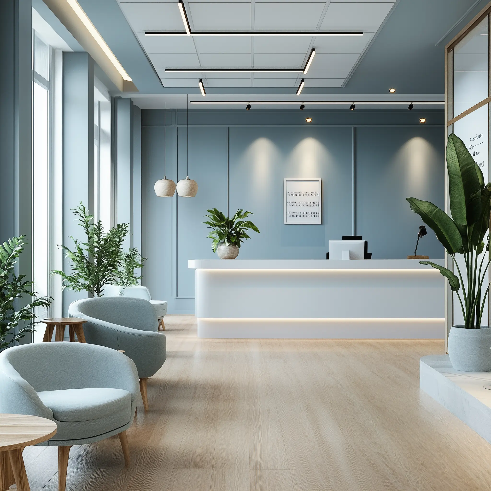 Modern Dental Clinic: A Welcoming and Relaxing Atmosphere A clean and bright reception area in a modern dental clinic with comfortable seating, a reception desk, and a friendly receptionist.
