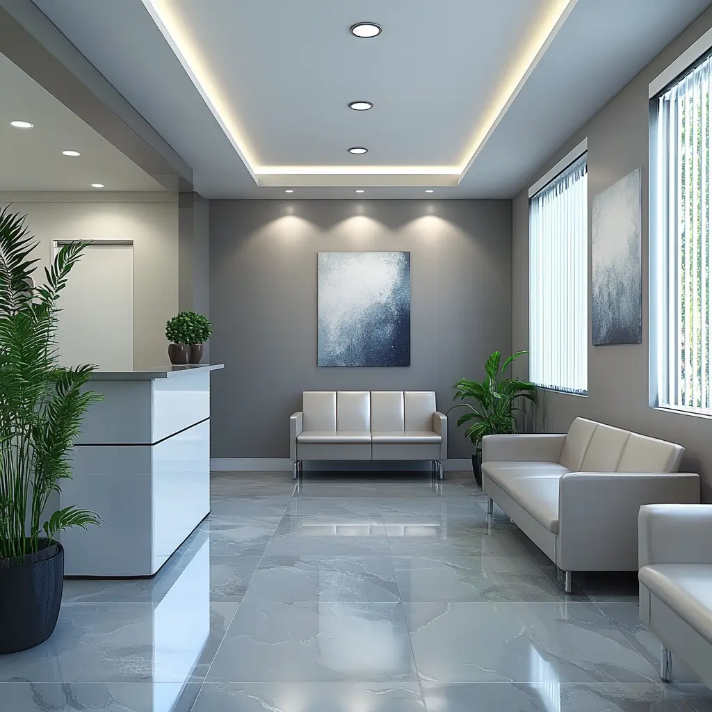 A minimalist dental office waiting room with plush couches and chairs. title=