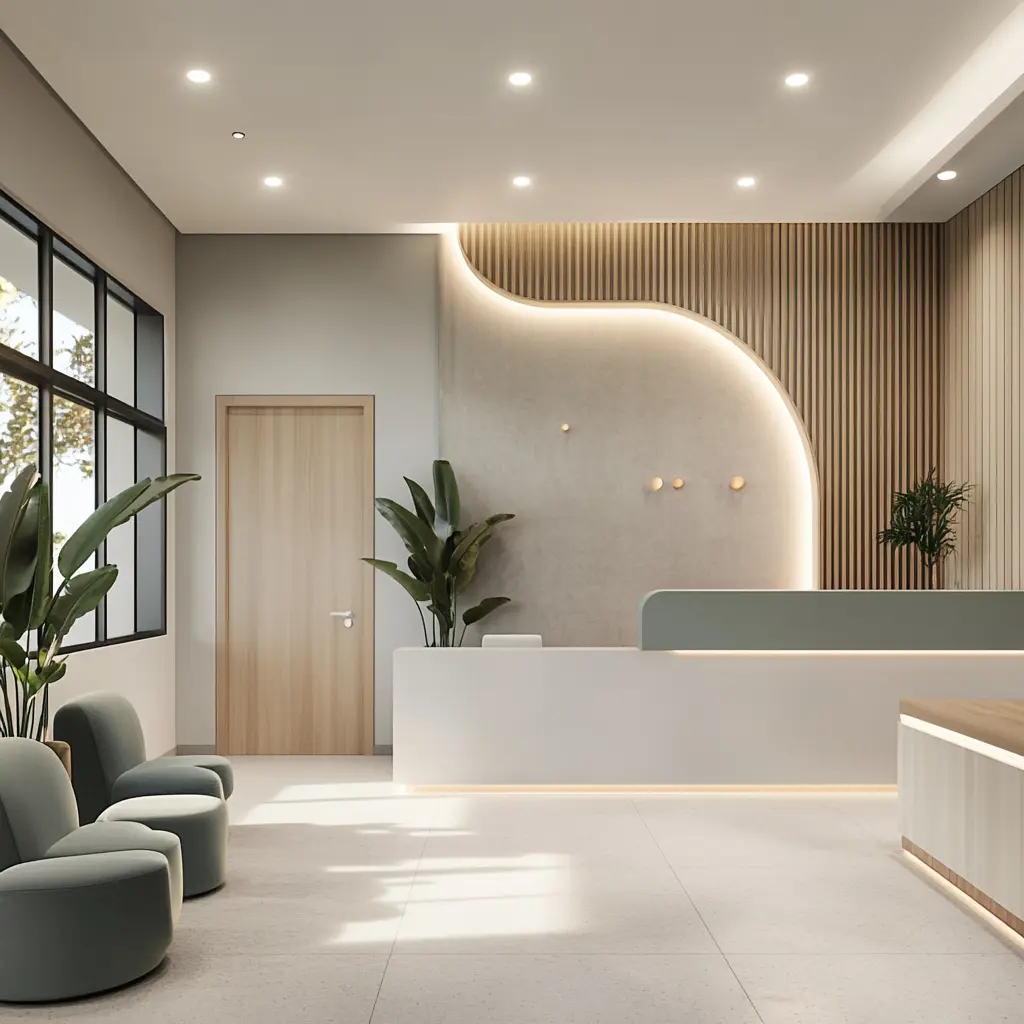 Modern Dentist Reception Design: Creating a Calm and Welcoming Space A modern dentist reception area with a sleek reception desk, comfortable seating, and calming color palette.