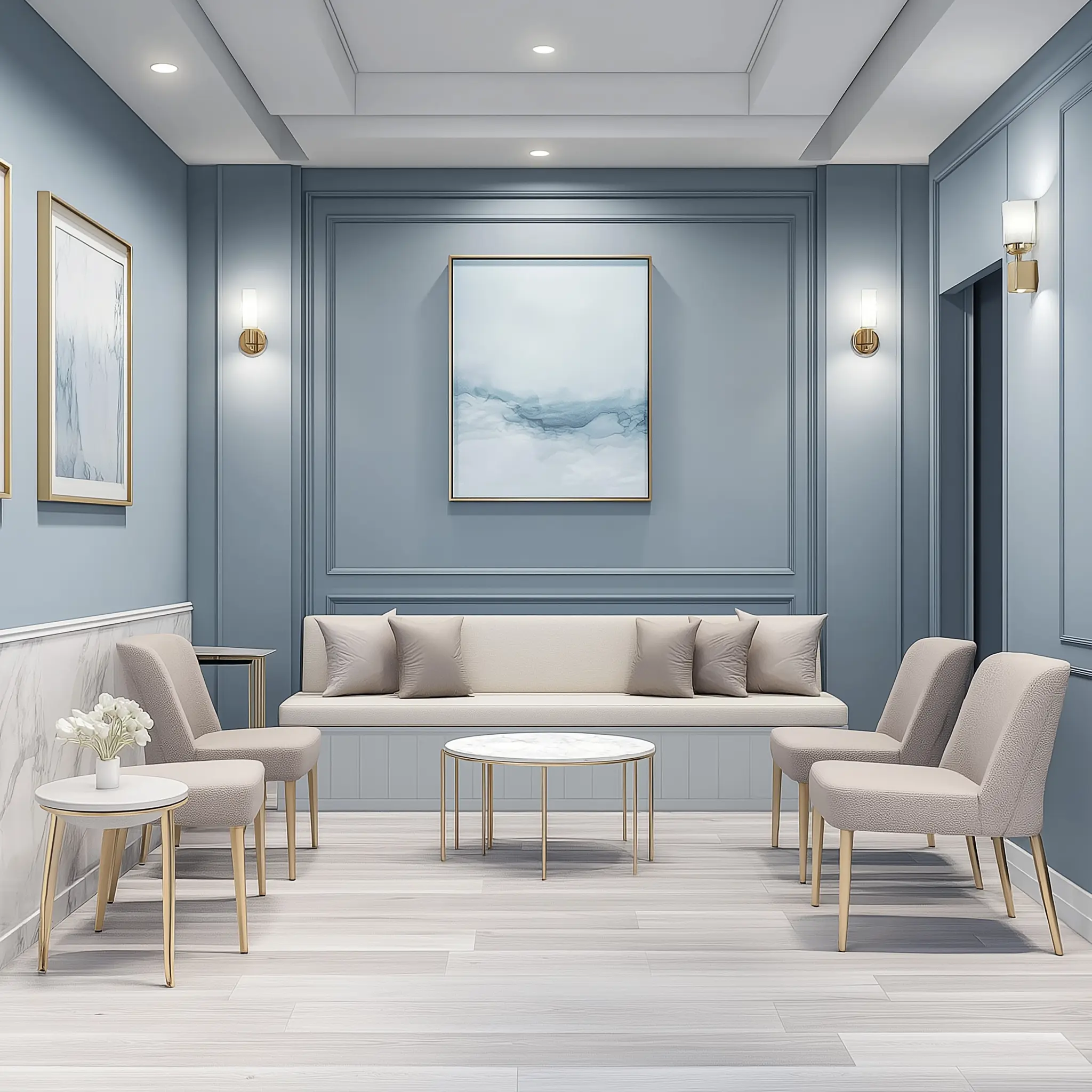 Modern Doctor's Office Reception: Blue, White Oak, and Marble Photorealistic image of a doctor's office reception area with blue walls, white oak flooring, marble accents, and brass details.