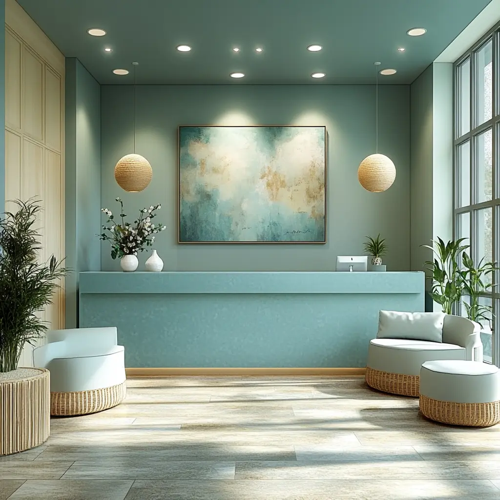 Modern Family Medicine Clinic Reception Area Design A front-facing view of a modern family medicine clinic reception desk with blue and green accents.