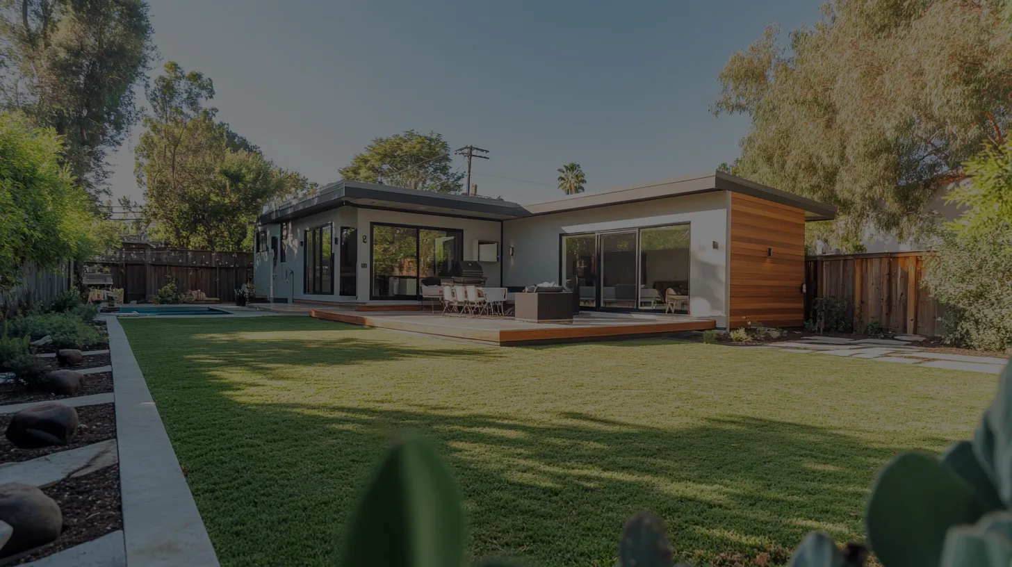 A modern Granny Flat with large windows and a sleek design in a spacious backyard.