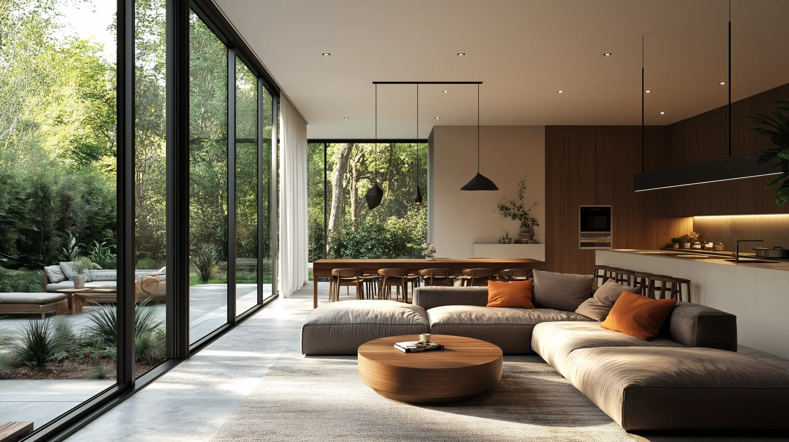 Modern Home Extension: Open-Plan Living with Stunning Views Open-plan living space in a modern home extension with floor-to-ceiling windows and stunning garden views.