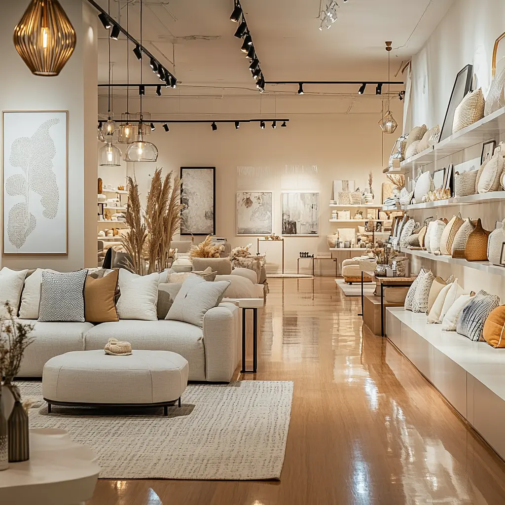 Elegant Modern Home Style Store Interior Design High-resolution photo of a modern home style store interior with stylish furniture, home decor items, and soft, neutral walls.