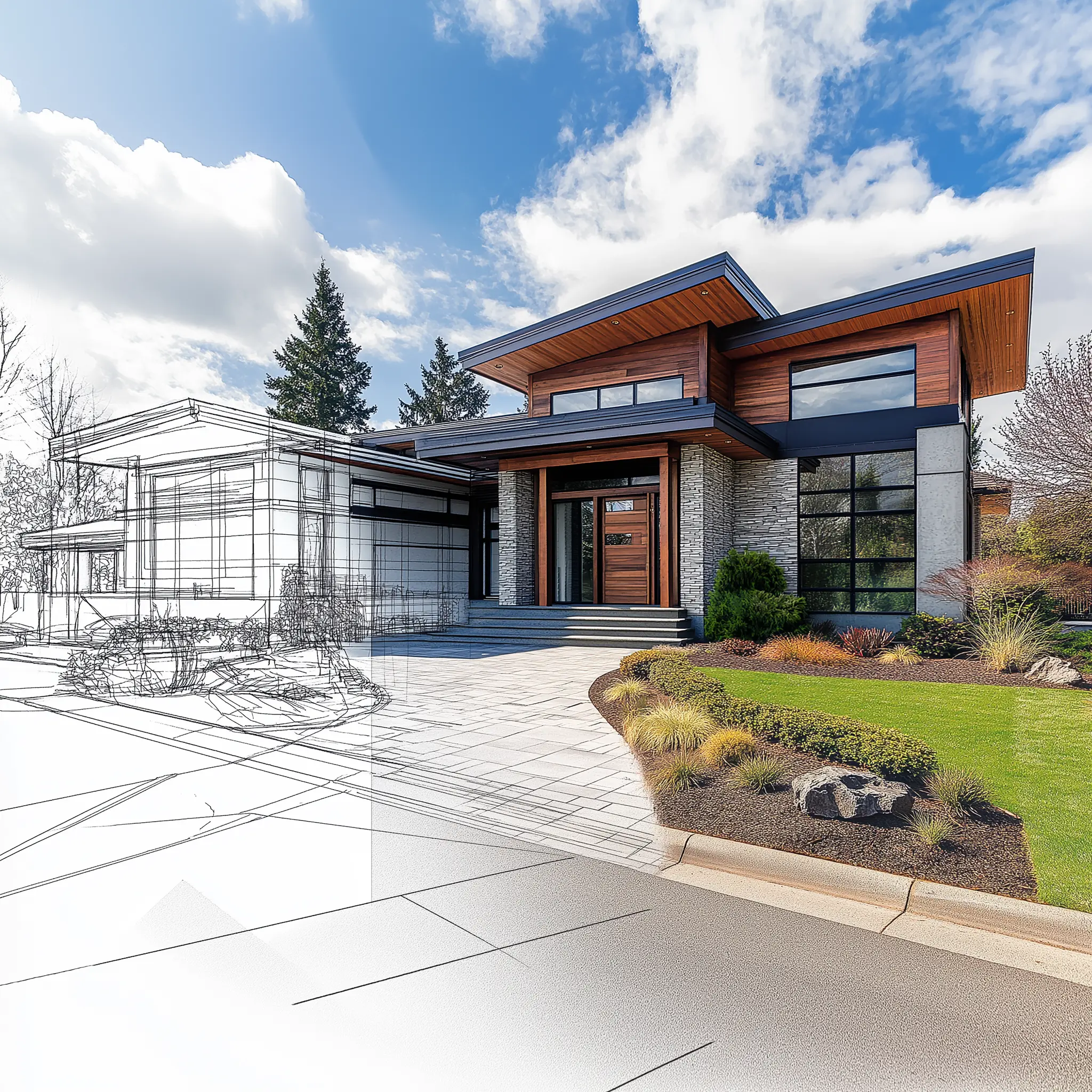 Modern House in Washington State: Architectural Drawing & Photo A side-by-side comparison of a modern house in Washington State, featuring a realistic photograph and an architectural drawing.