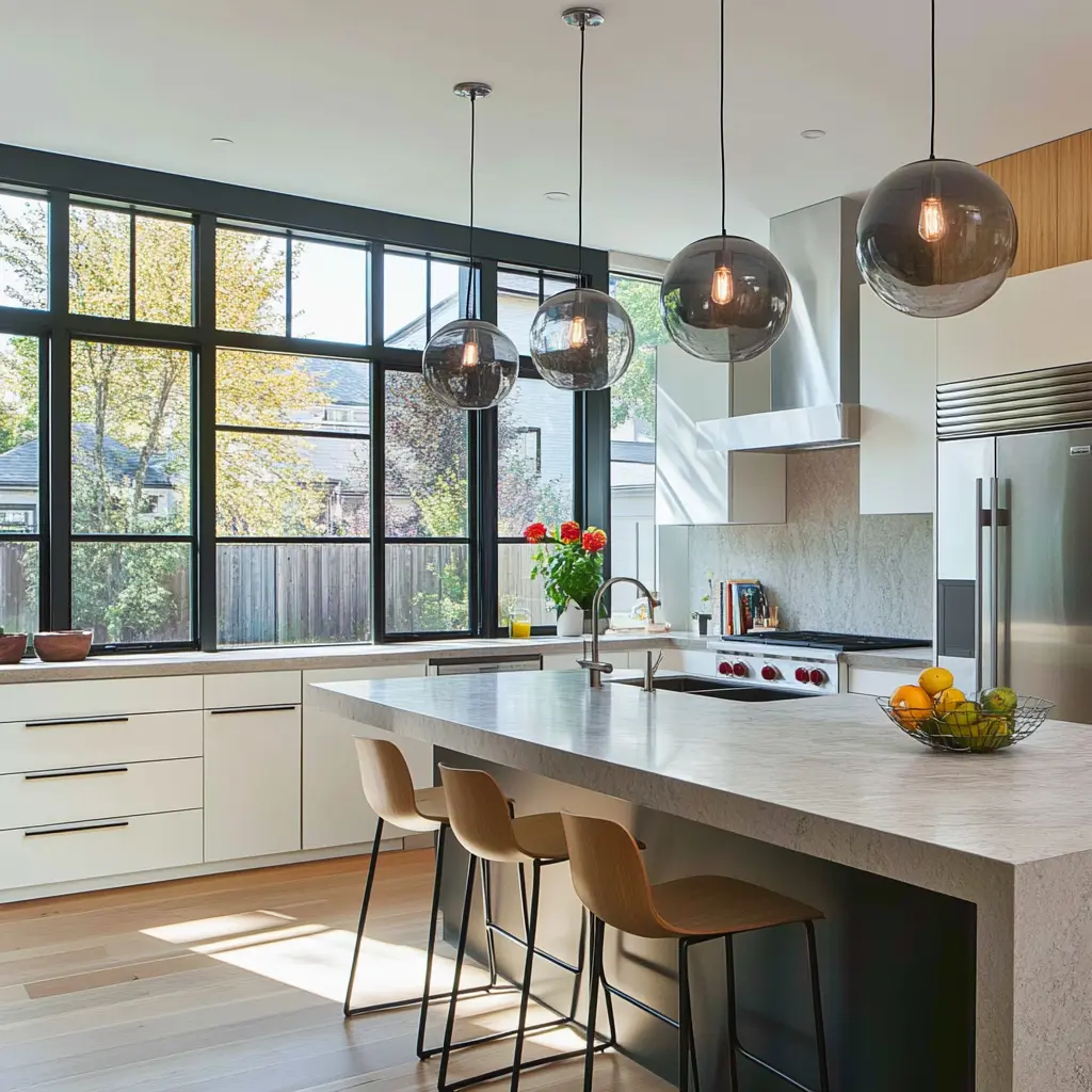 Modern Kitchen Design: White Cabinets, Quartzite Countertops, and Stainless Steel A modern kitchen with white cabinets, quartzite countertops, stainless steel appliances, and a central island.
