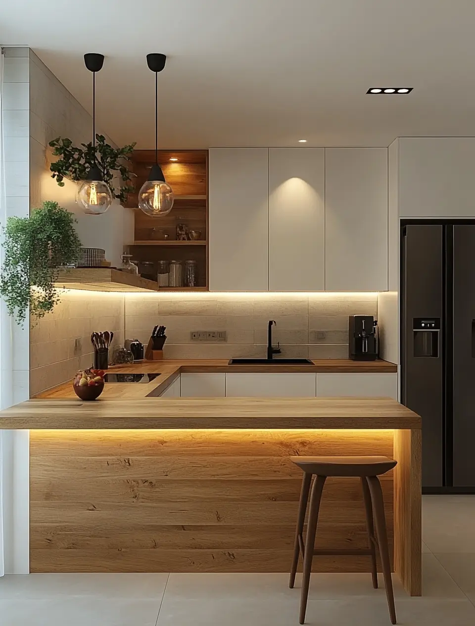 Modern Kitchen Design: Wood Countertops & White Walls A modern kitchen with a wooden countertop, white walls, a hanging pendant lamp, and a small plant.