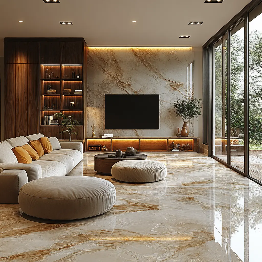 Modern Living Room with Half-Height Windows and Curved Ceiling A modern living room with half-height windows, a curved ceiling, and a half-height TV feature wall.