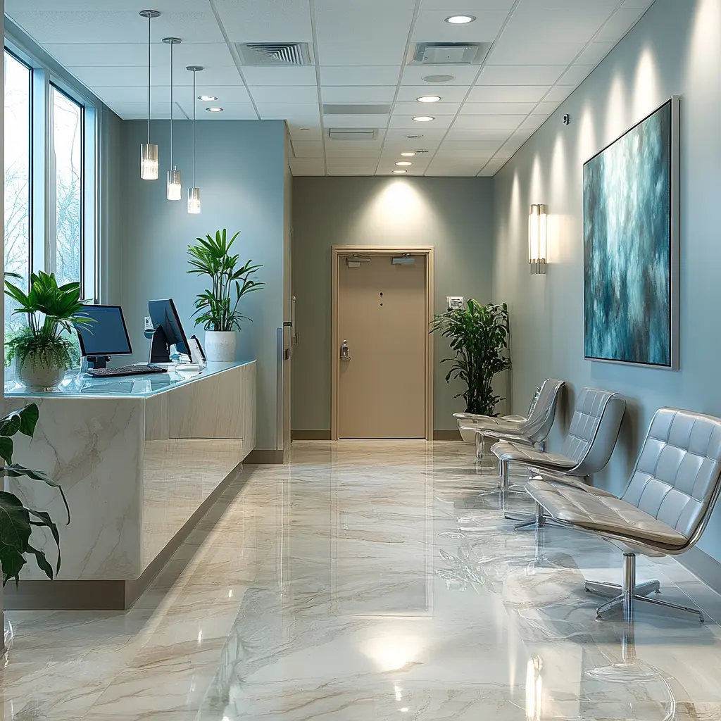 Modern & Welcoming Medical Clinic Reception Area Design A modern medical clinic reception area with a sleek reception desk, comfortable seating, and calming pastel colors.