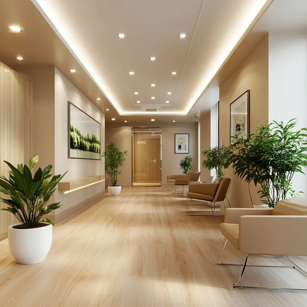 Modern Medical Office Design: Clean and Inviting A modern medical office featuring oak flooring, light cream walls, and recessed lighting.