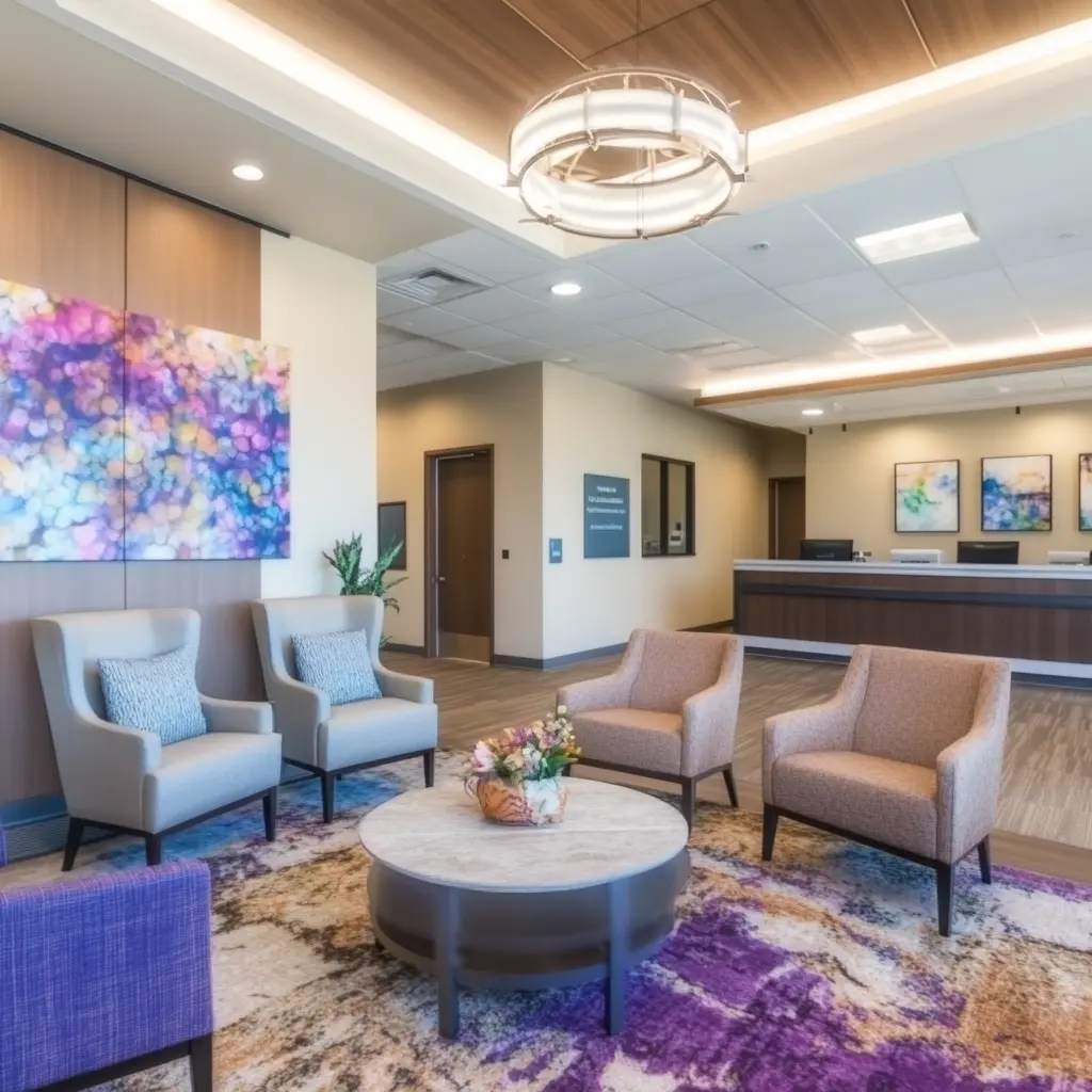 Modern Medical Office: A Welcoming and Comfortable Experience A patient smiling while sitting in a comfortable waiting room in a modern medical office.