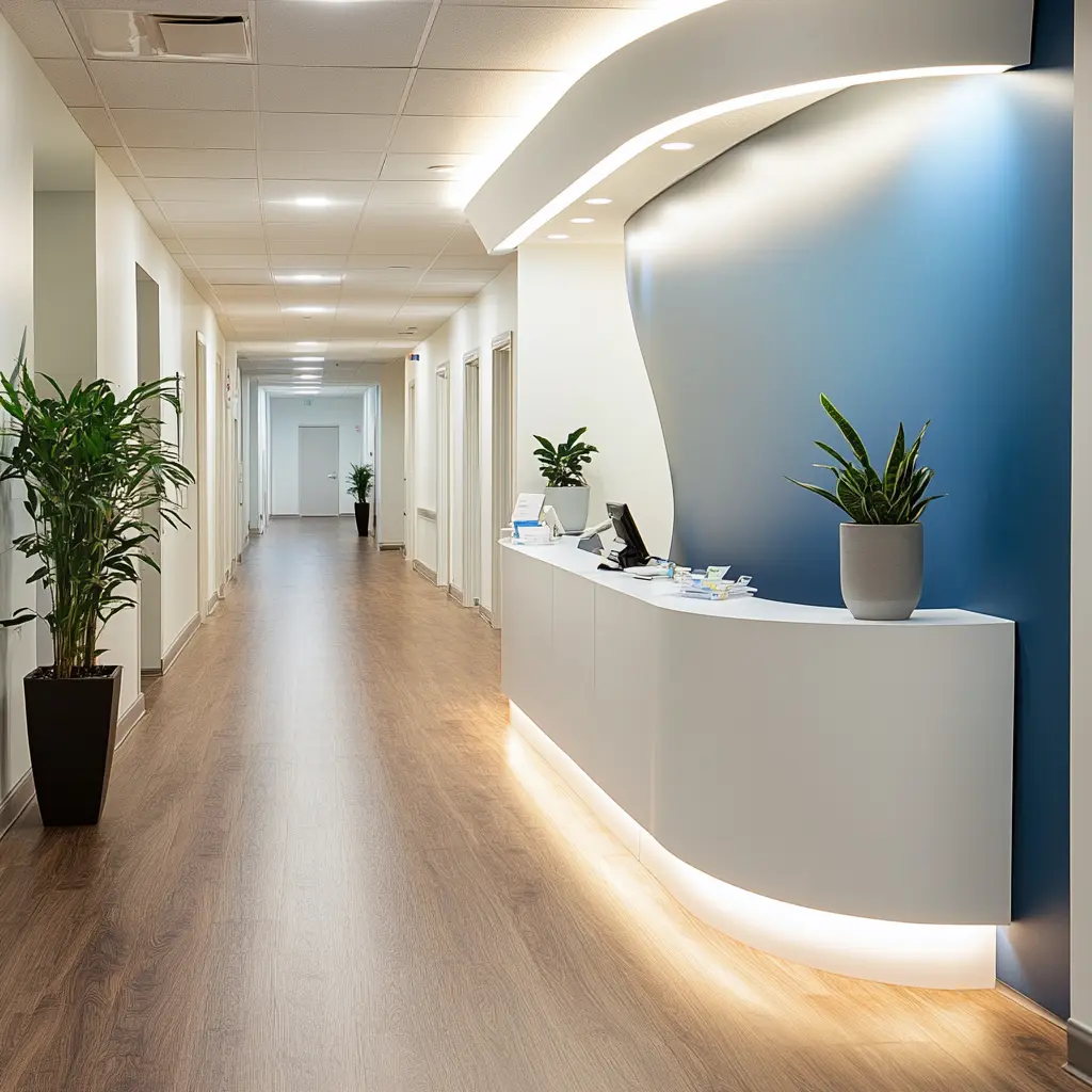 Modern Medical Office Reception Area Design A photo of a modern medical office reception area with a low curved reception desk, a bright blue accent wall, and warm wooden floors.
