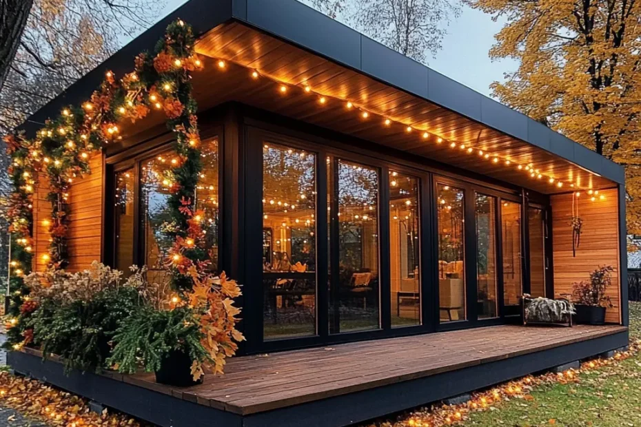 A single-story wooden modular home with a flat roof decorated with autumnal garlands and warm LED lights.