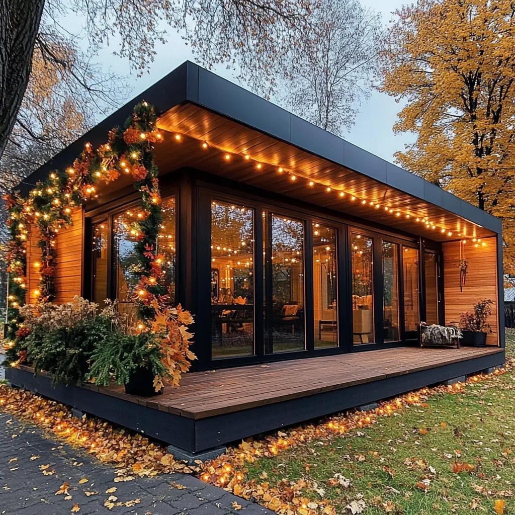 A single-story wooden modular home with a flat roof decorated with autumnal garlands and warm LED lights.