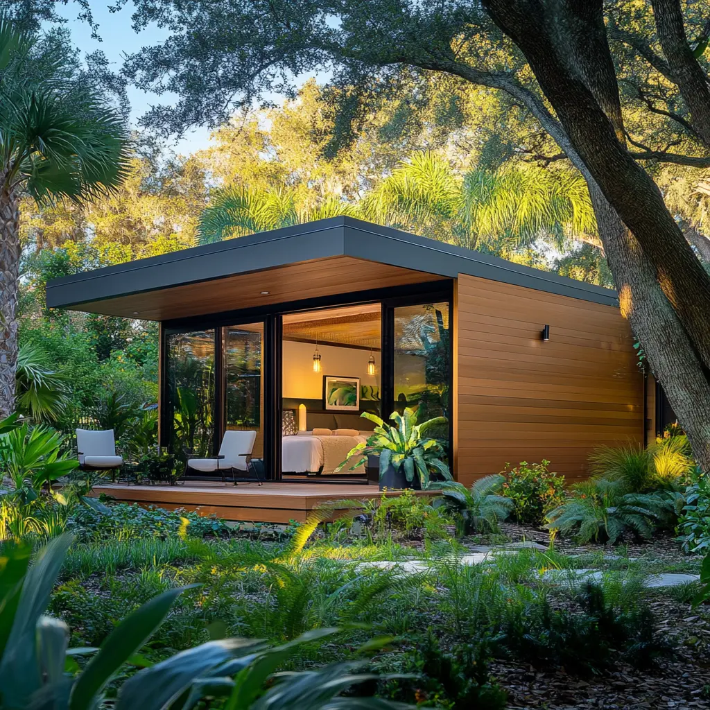 Charming Modern Mother-in-Law Suite with Textured Wood Cladding A photo of a modern mother-in-law suite with textured wood cladding, showcasing a blend of sleek lines and lush greenery Fountain Valley Property