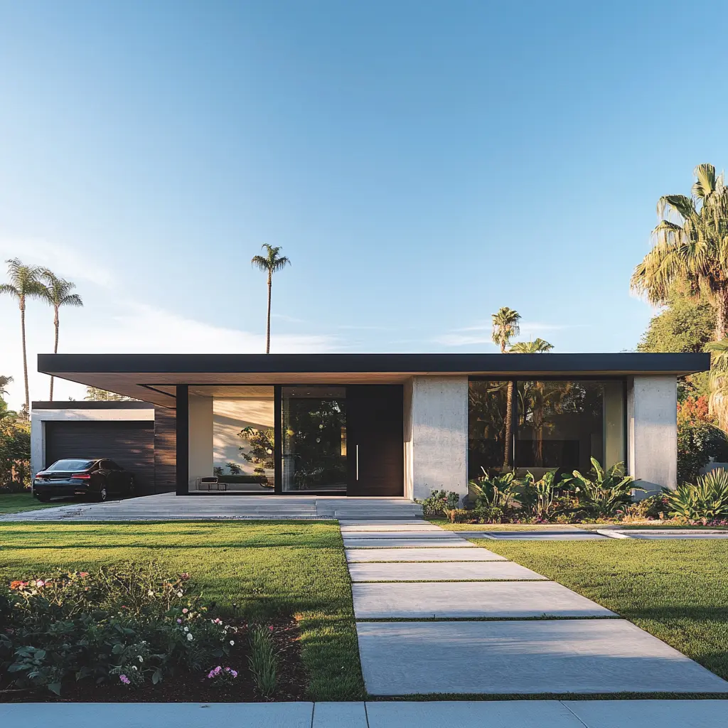 Modern One-Story House: Architectural Magazine Cover Modern one-story house with flat roof, gray and white exterior, and tropical landscaping.