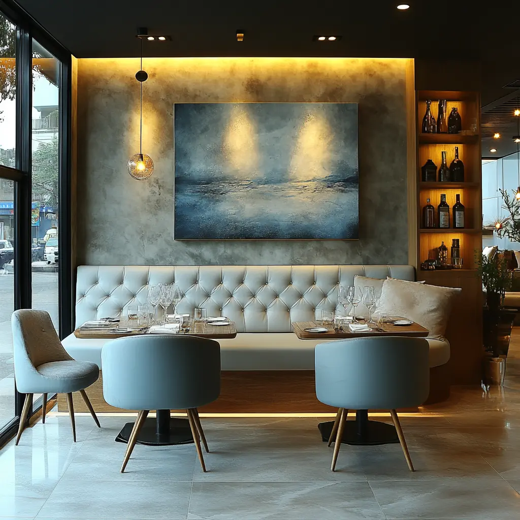 Modern Restaurant Design: Neutral Colors and Blue Accents 2D rendering of a modern restaurant interior with neutral colors and blue accents.
