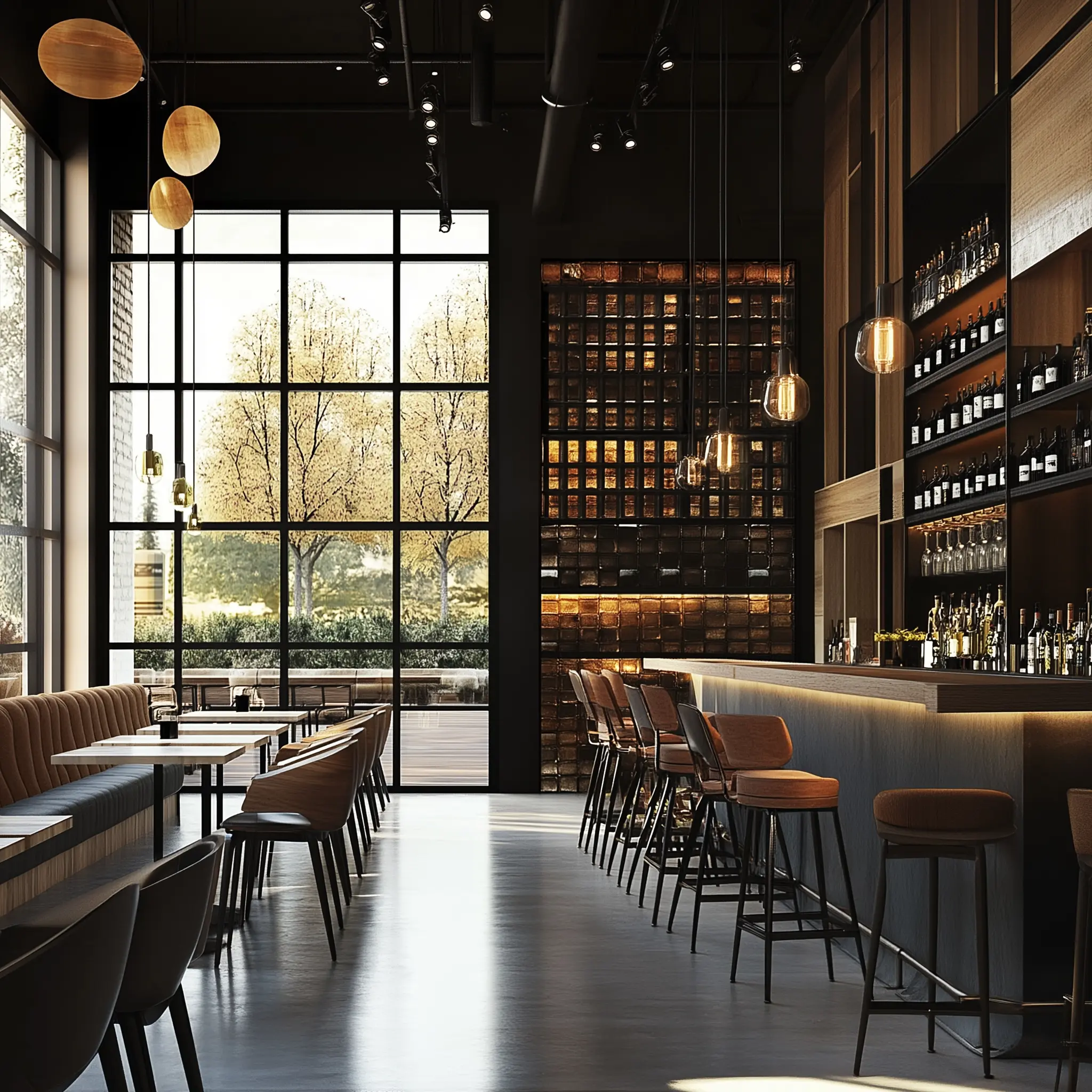 Modern Tapas Bar Interior Design: Sleek and Inviting A rendering of a modern tapas bar interior with a sleek bar area, high stools, and a stylish wine bottle display.