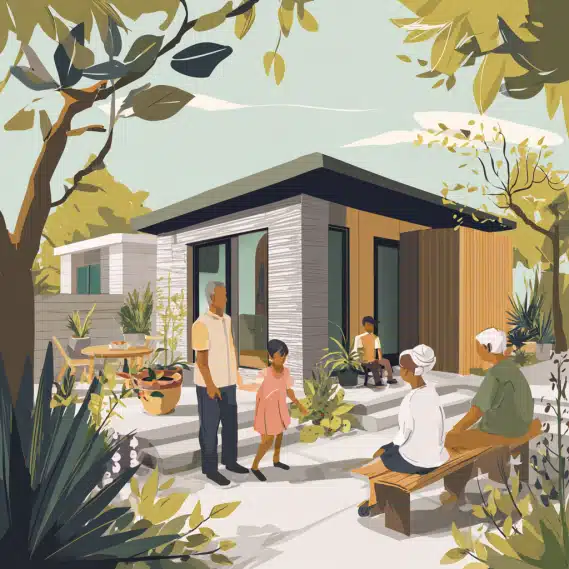 Three generations of a family happily interacting in the backyard with a modern detached ADU, symbolizing multi-generational living.