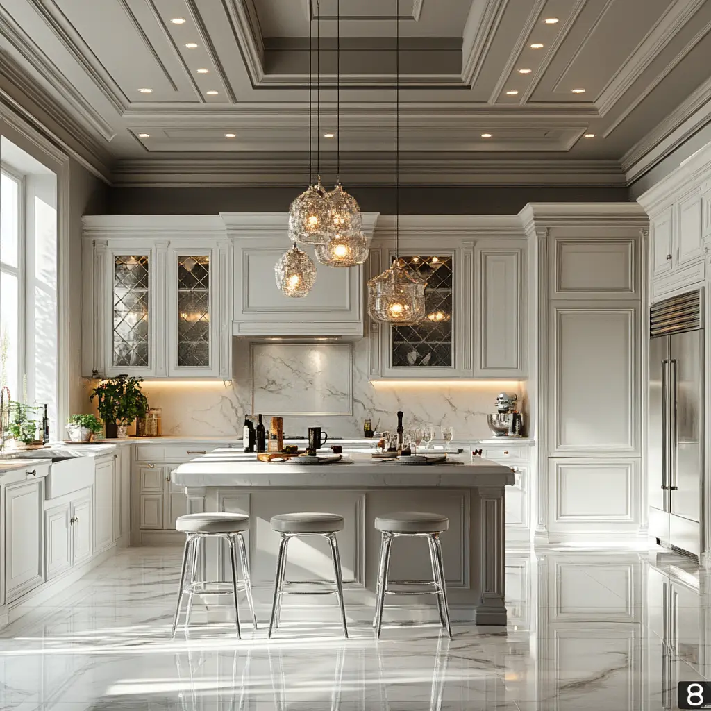 Neoclassical Kitchen with Ambient Lighting A white and gray neoclassical kitchen with soft, ambient lighting and a low ceiling.