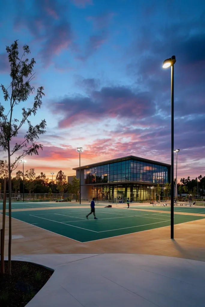 An image showcasing the modern architecture and lively atmosphere of the Obama Sports Complex in Santa Ana.