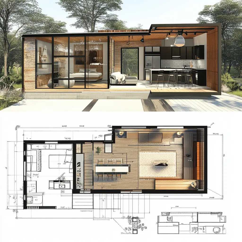 Open Concept House Plan: Maximize Living Space Floor plan of a 16x40 house with an open-concept design, showcasing a spacious living area, kitchen, and dining area.