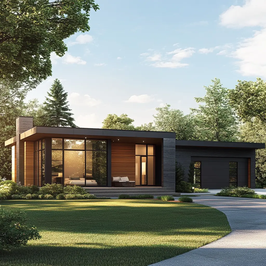 Open Concept Modern Home: 2500 sqft Dream Home Rendering A 3D rendering of a modern home with an open-concept floor plan, featuring a central living room and comfortable seating.