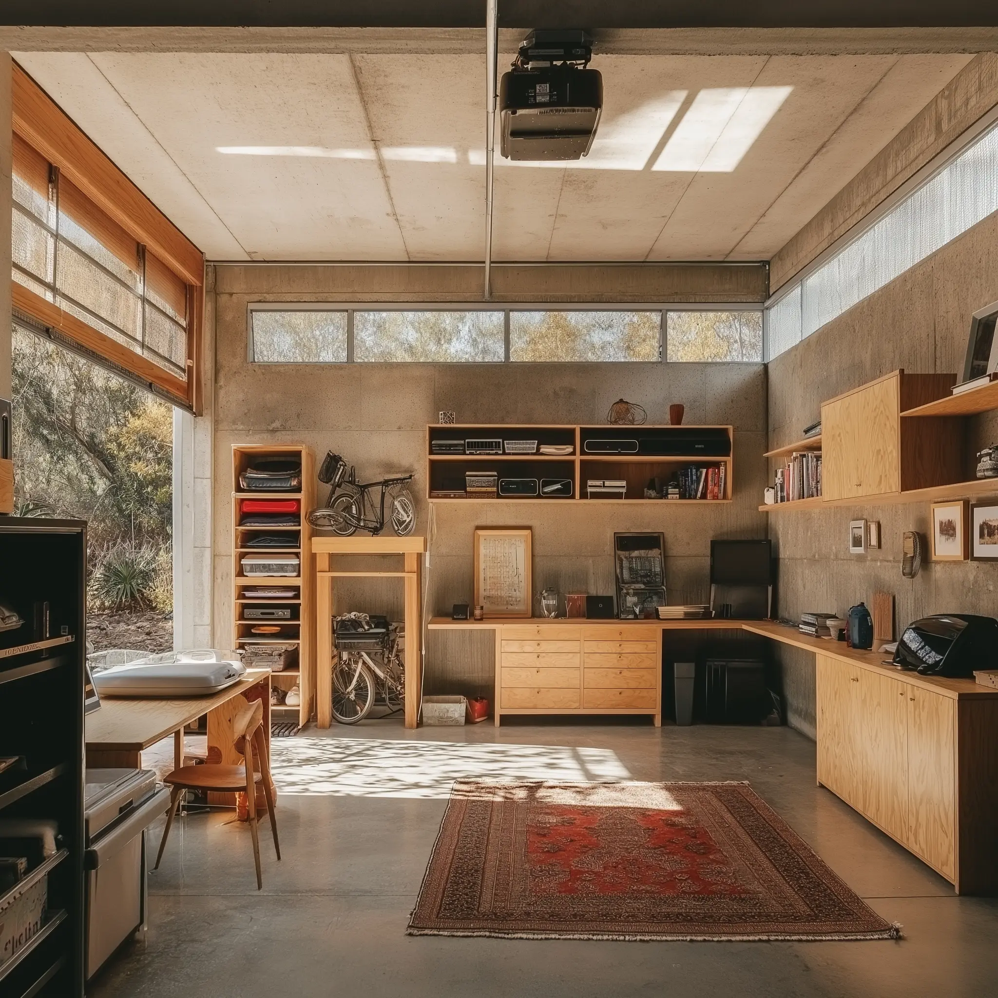 Well-Organized Garage: Storage Solutions and Ideas A well-organized garage with wooden furniture, shelves, and ample storage space.