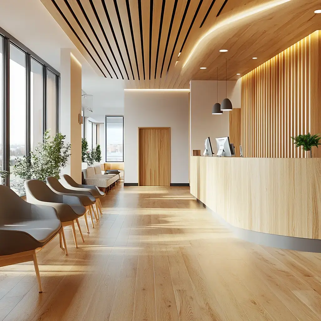 Welcoming Pediatric Clinic Interior A clean and welcoming pediatric clinic waiting room with wooden floors, natural light, and tasteful decorations.