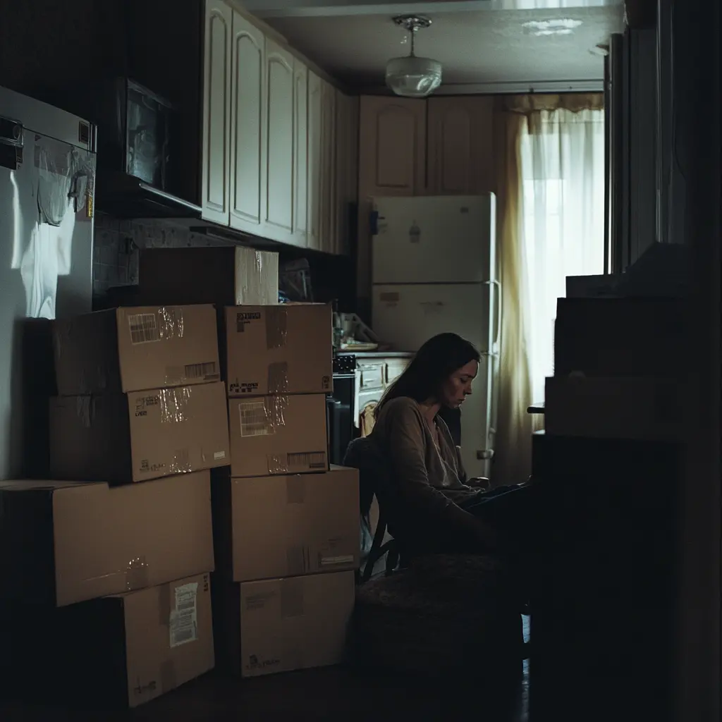 Housing A photo of a woman sitting exhausted on a chair amidst moving boxes, with a darkened kitchen in the background.