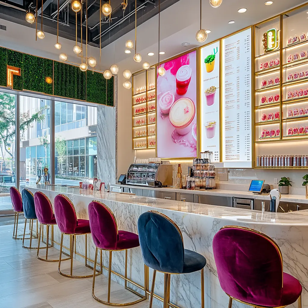 Playful and Luxurious: A Unique Boba Shop Design Vibrant bubble tea drinks displayed on a backlit menu wall in a luxurious boba shop.