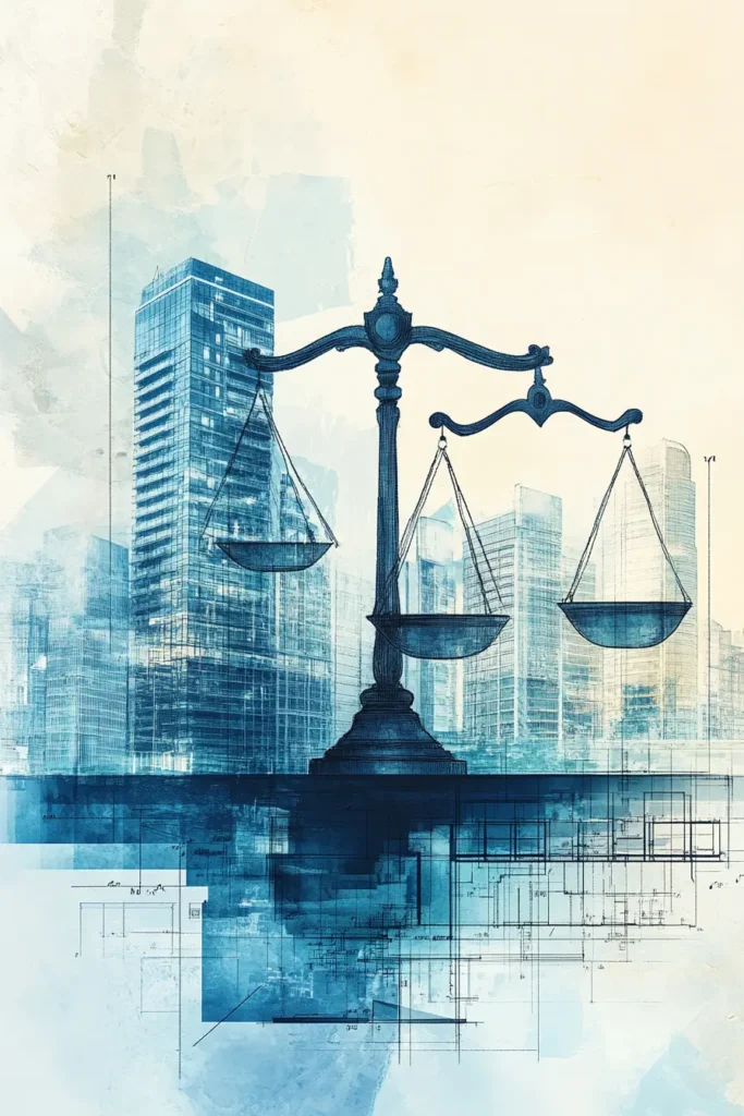 An image representing real estate law, showcasing a cityscape, legal documents, and a scale of justice, symbolizing guidance and support for clients.