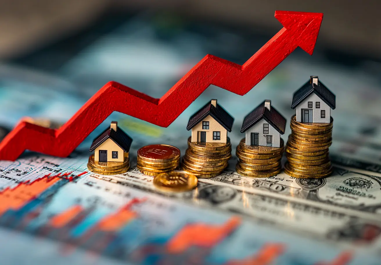 A line graph depicting the upward trend of real estate stock prices, with icons of houses and coins, and a red arrow pointing up.