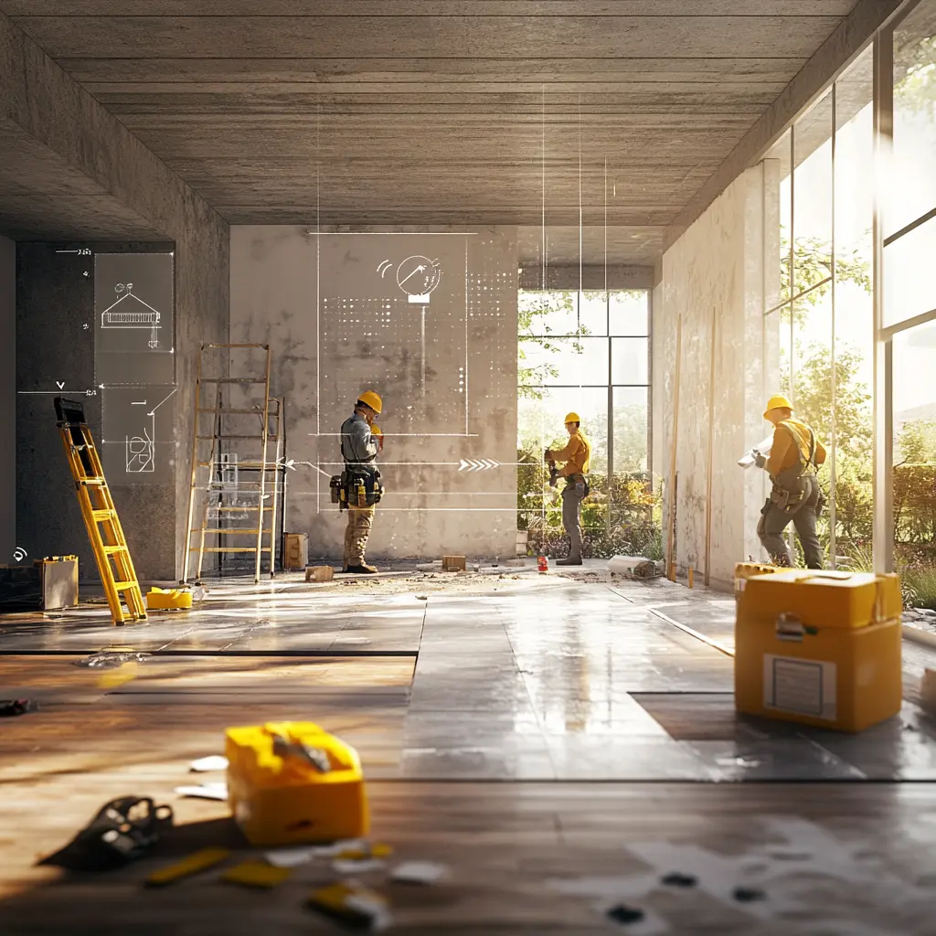 Building ADU A photorealistic rendering of a home renovation in progress, featuring workers painting walls, laying flooring, and consulting with a supervisor.