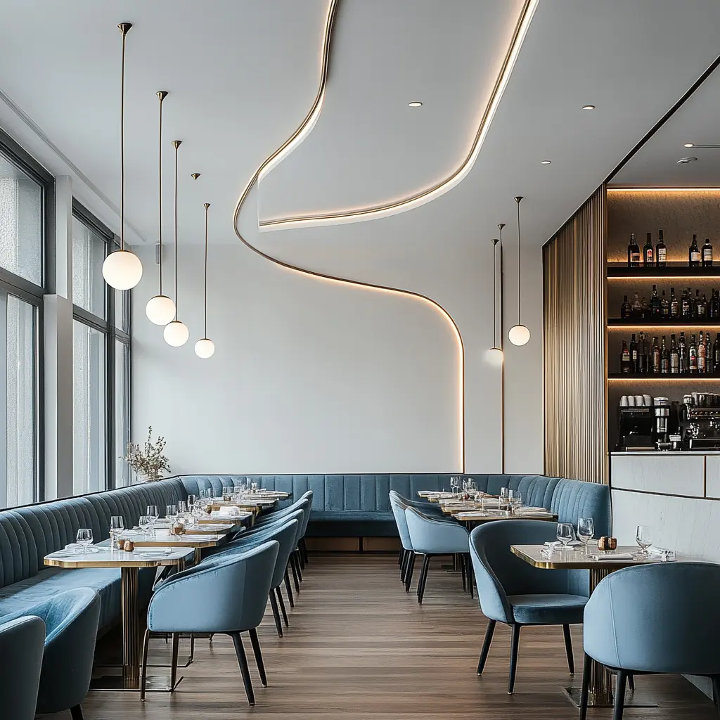 Restaurant Interior Design: Curved Ceiling Lines and Blue Velvet Sofas Two curved lines in the ceiling illuminate a minimalist restaurant with blue velvet sofas, white walls, and brass details.
