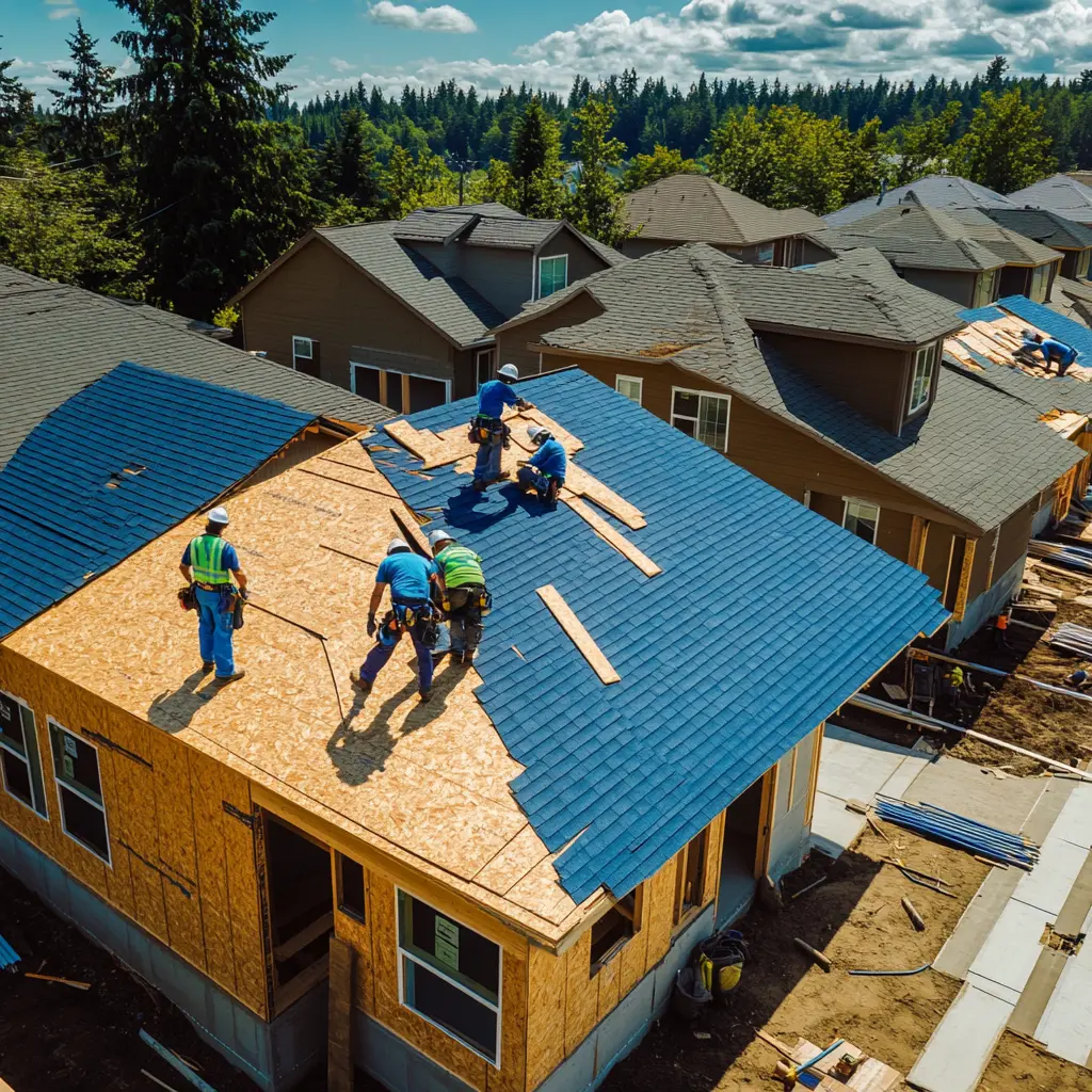 Financing A group of construction workers in blue vests working on a roof replacement project.