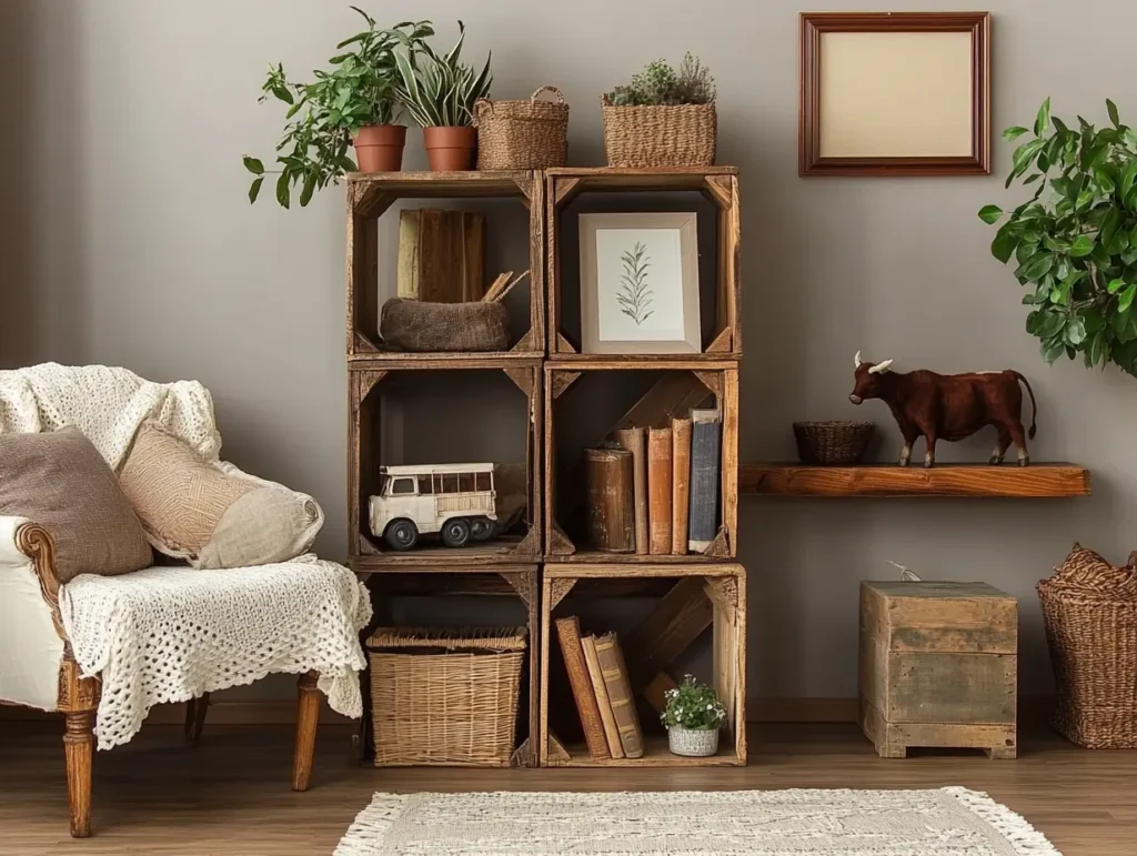 A cozy living room corner with a wooden crate shelving unit filled with books, plants, and decorative items.