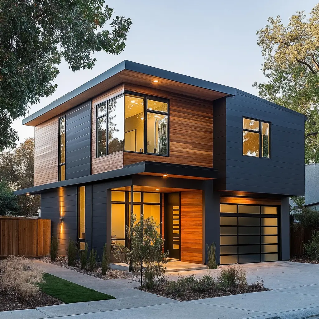 Compact Home Design with a Charming Porch Small house with a wooden porch and lush greenery.