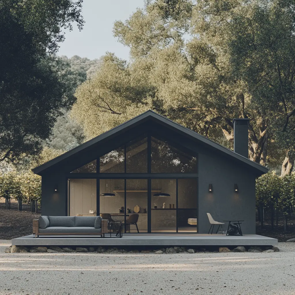 Scandinavian Farmhouse at a Vineyard Exterior view of a barn-style farmhouse with Scandinavian interior design, nestled amongst vineyards.