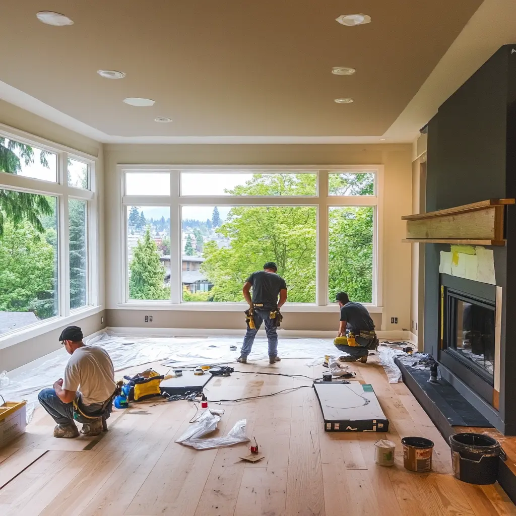 Seattle Home Renovation: Transforming a Living Room A team of workers renovating a living room in Seattle, sanding floors and painting walls.