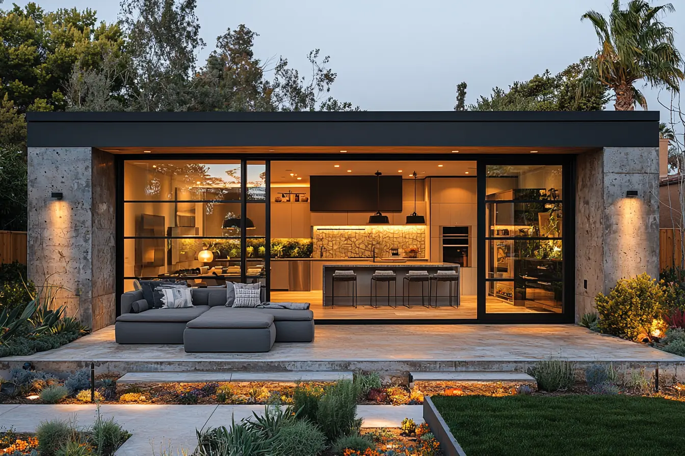 Serene Backyard Oasis: Patio and Kitchen Harmony A serene backyard patio with stylish outdoor furniture, surrounded by vibrant plants and soft lighting, adjacent to a modern, open-concept kitchen.