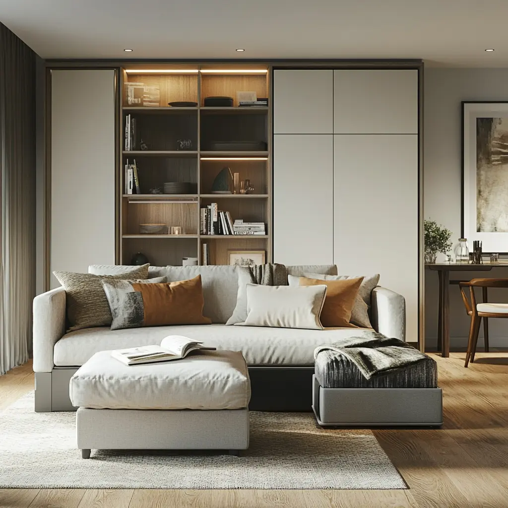 A sofa bed in a small apartment living room, easily transformed into a bed for guests.