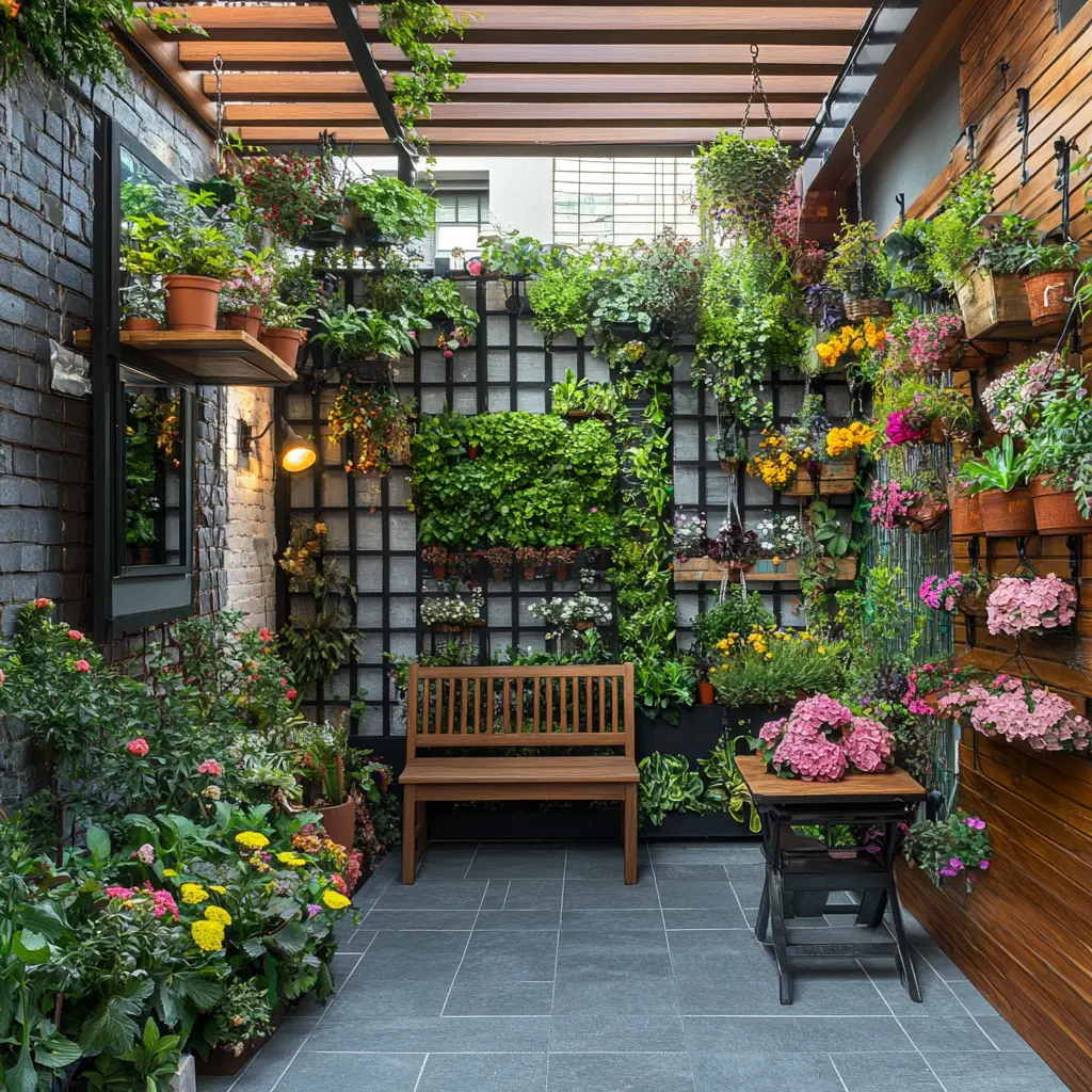 DIY Small garden featuring vertical planters, hanging baskets, multi-functional outdoor furniture, and vibrant greenery with soft garden lighting.