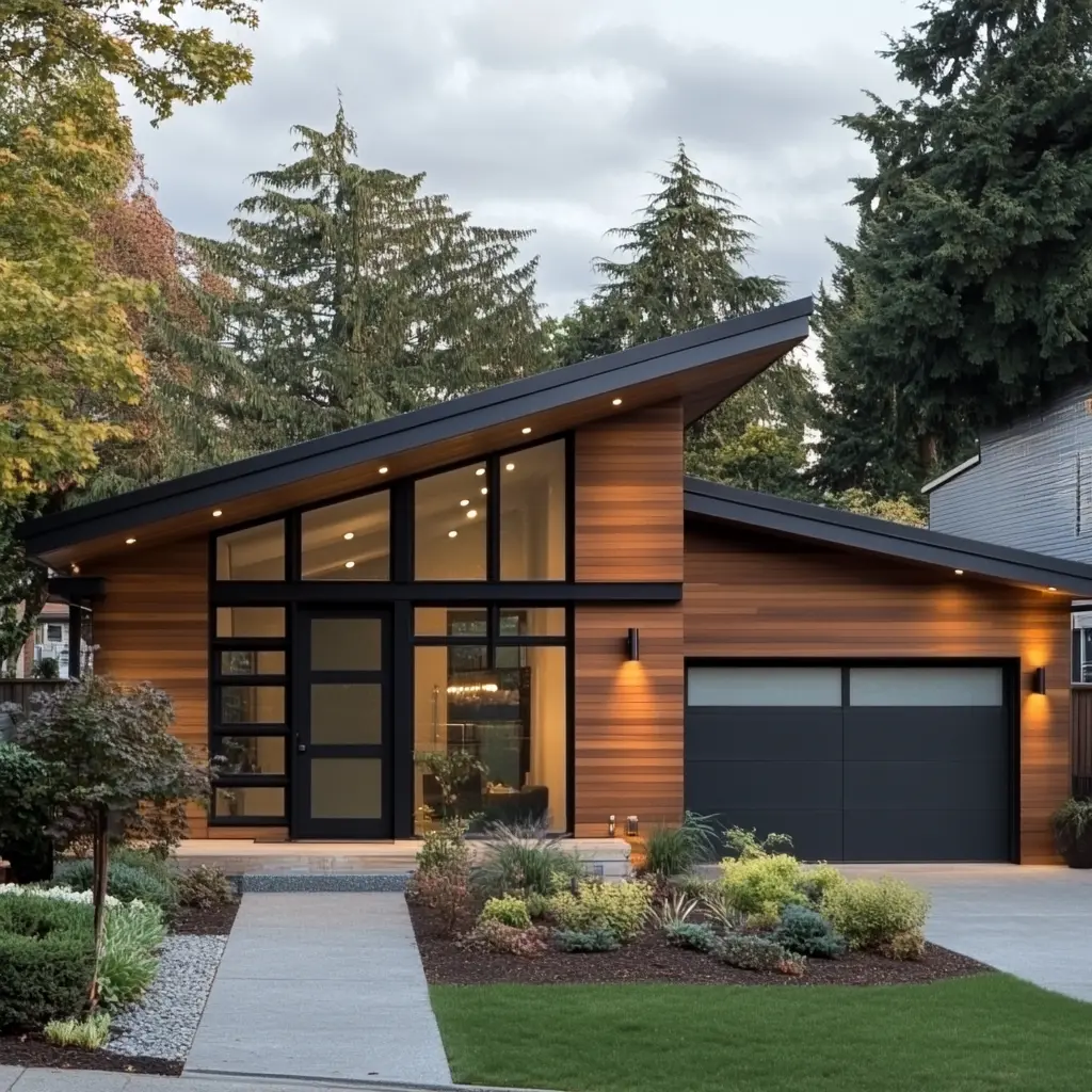 Small Modern House with Pitched Roof: Cozy and Stylish A rendering of a small, modern house with a pitched roof and a single-car garage.