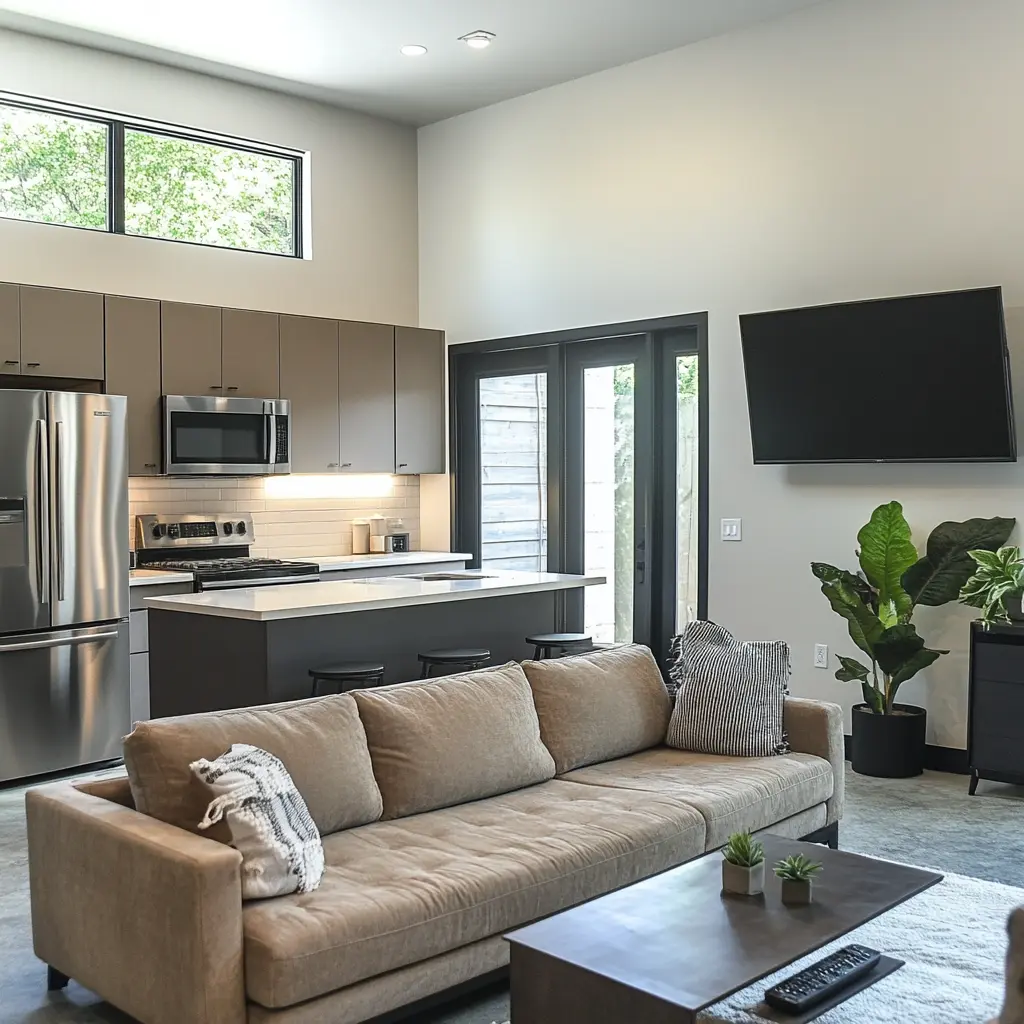 Small Space Living: Sleek Kitchen/Living Room Design in Knoxville, TN A 3D rendering of a modern kitchen/living room in Knoxville, TN, showcasing a compact layout with matte-finished cabinetry and stainless steel appliances.