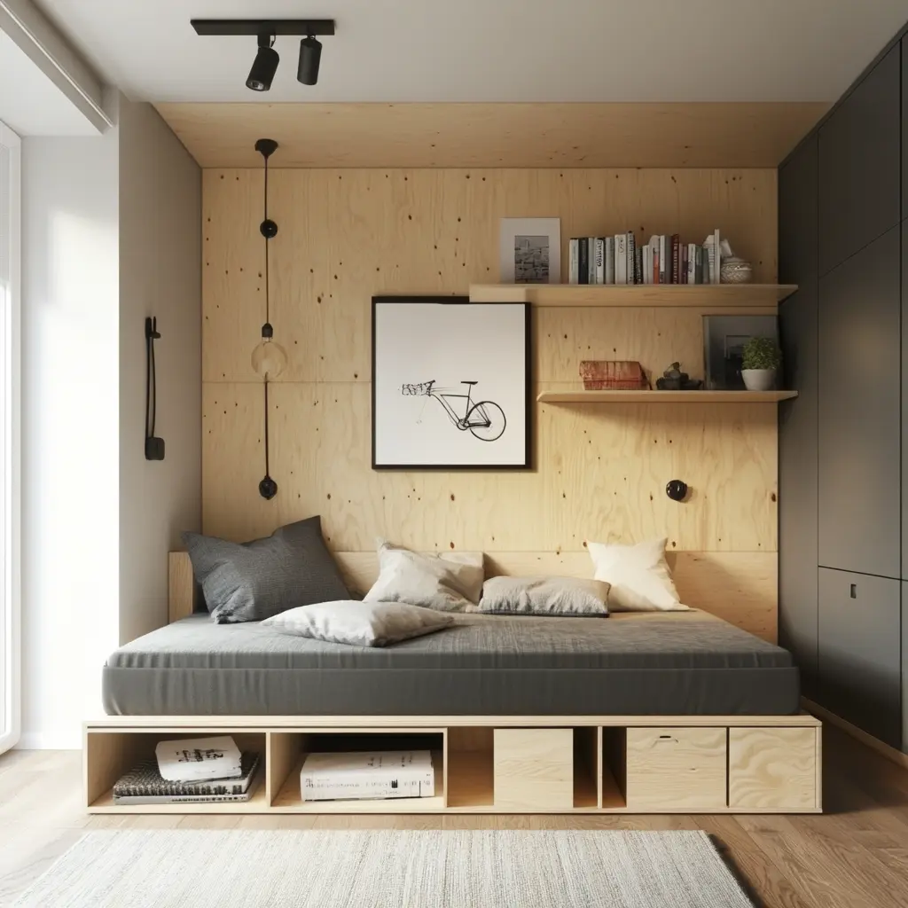 Wall-mounted shelves, under-bed storage bins, and multi-purpose furniture in a modern and organized apartment.