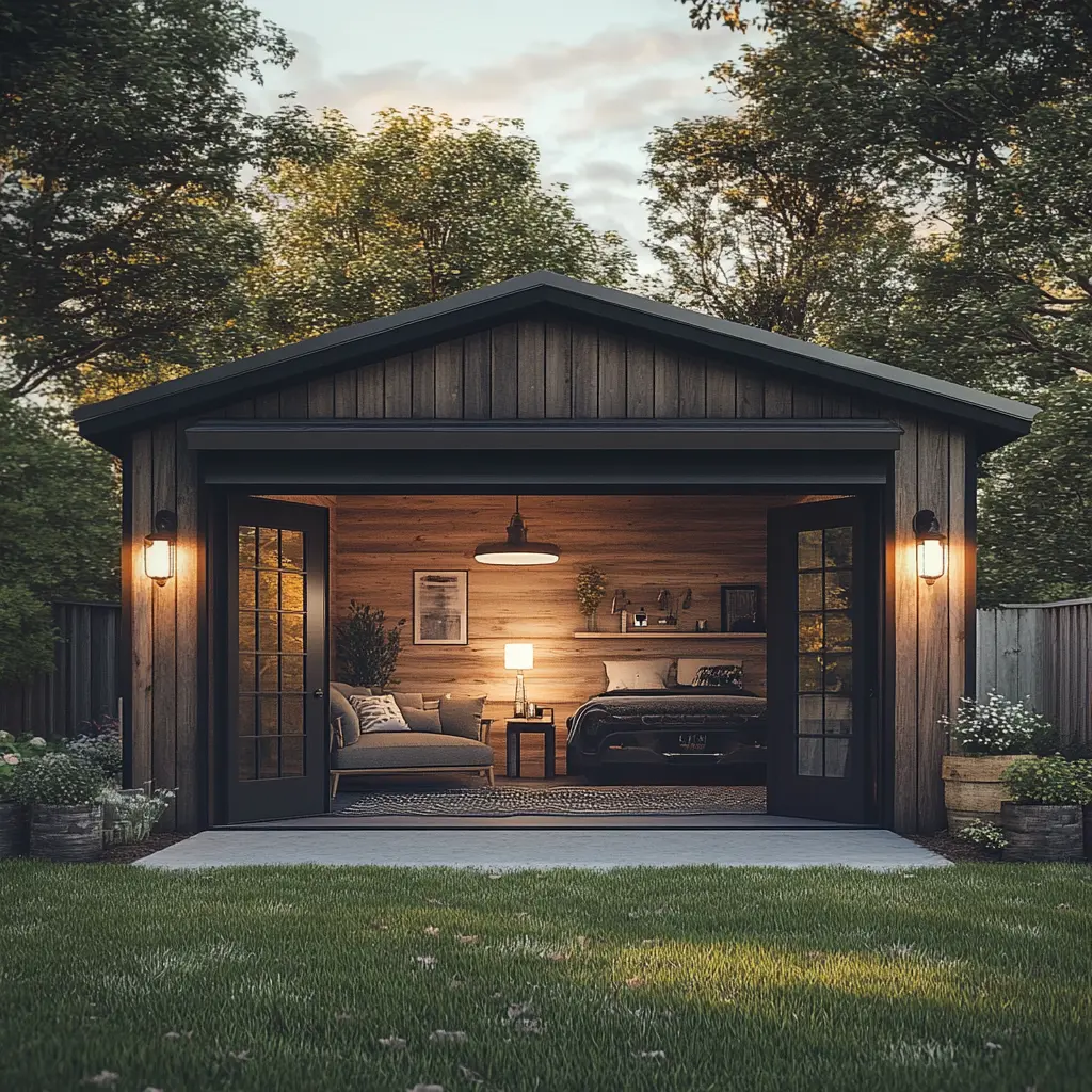A tiny house conversion with a clapboard exterior and a porch swing, reminiscent of traditional Southern homes.
