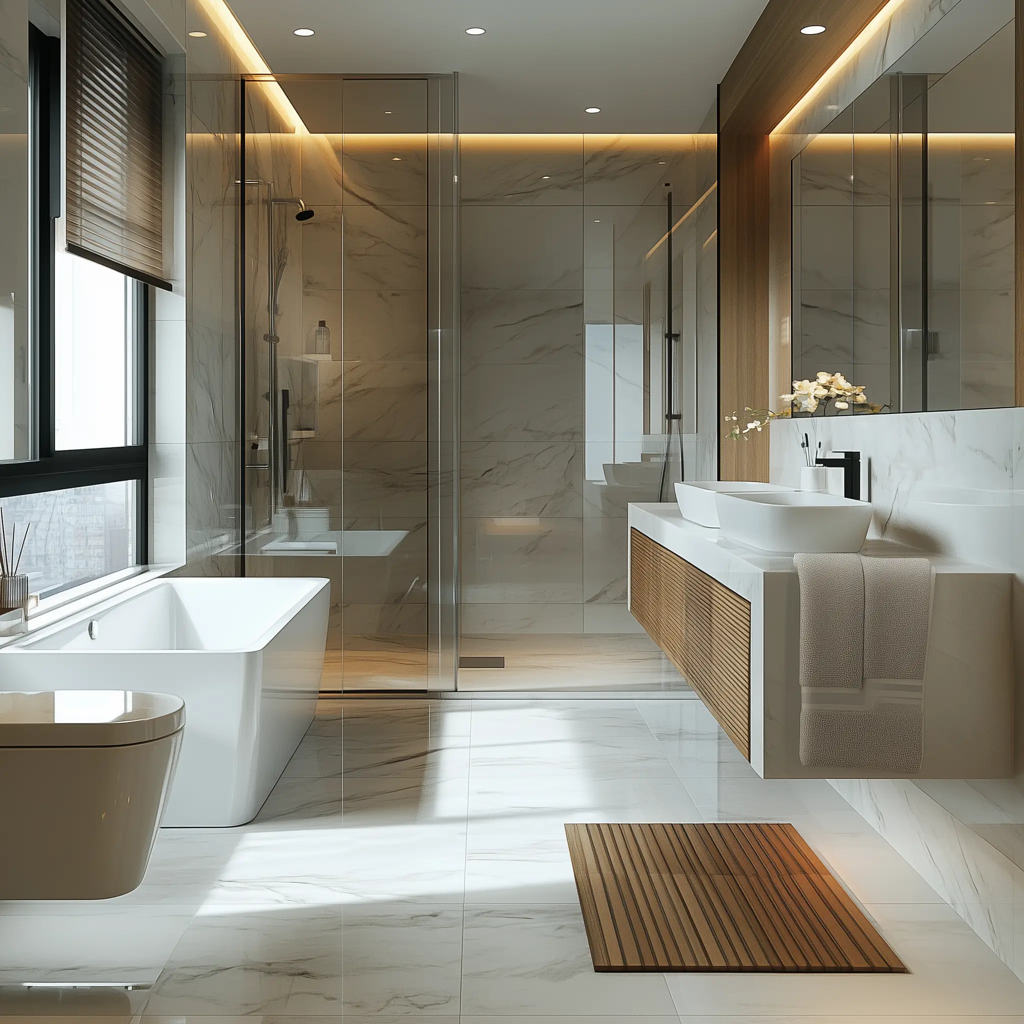 Create a Spa-Like Bathroom: Hotel-Style Design Ideas A freestanding bathtub with a view, surrounded by lush greenery and candles, creating a spa-like atmosphere in a hotel bathroom.