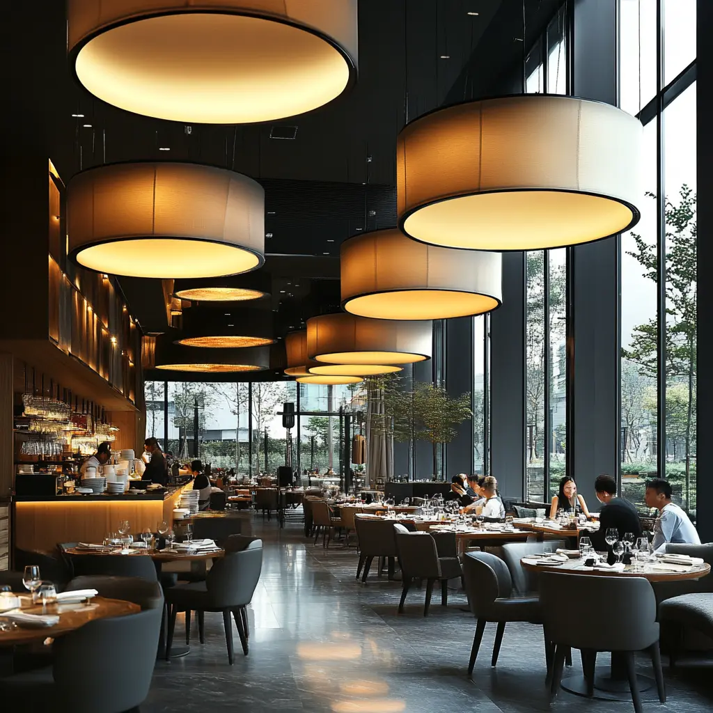 Spacious Modern Restaurant Interior with Suspended Lights A wide-angle shot of a modern restaurant interior with large, circular pendant lights hanging over spacious seating areas.