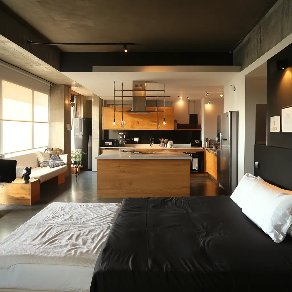 A spacious open-concept studio apartment with modern furnishings and a minimalist design.